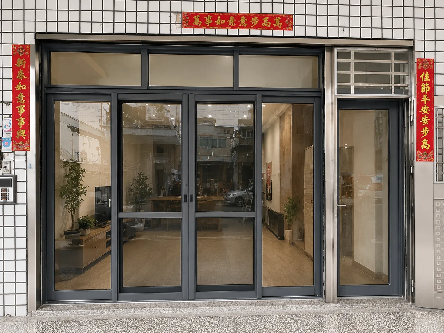 高雄大寮區服務｜黑框雙開玻璃門與上方固定窗